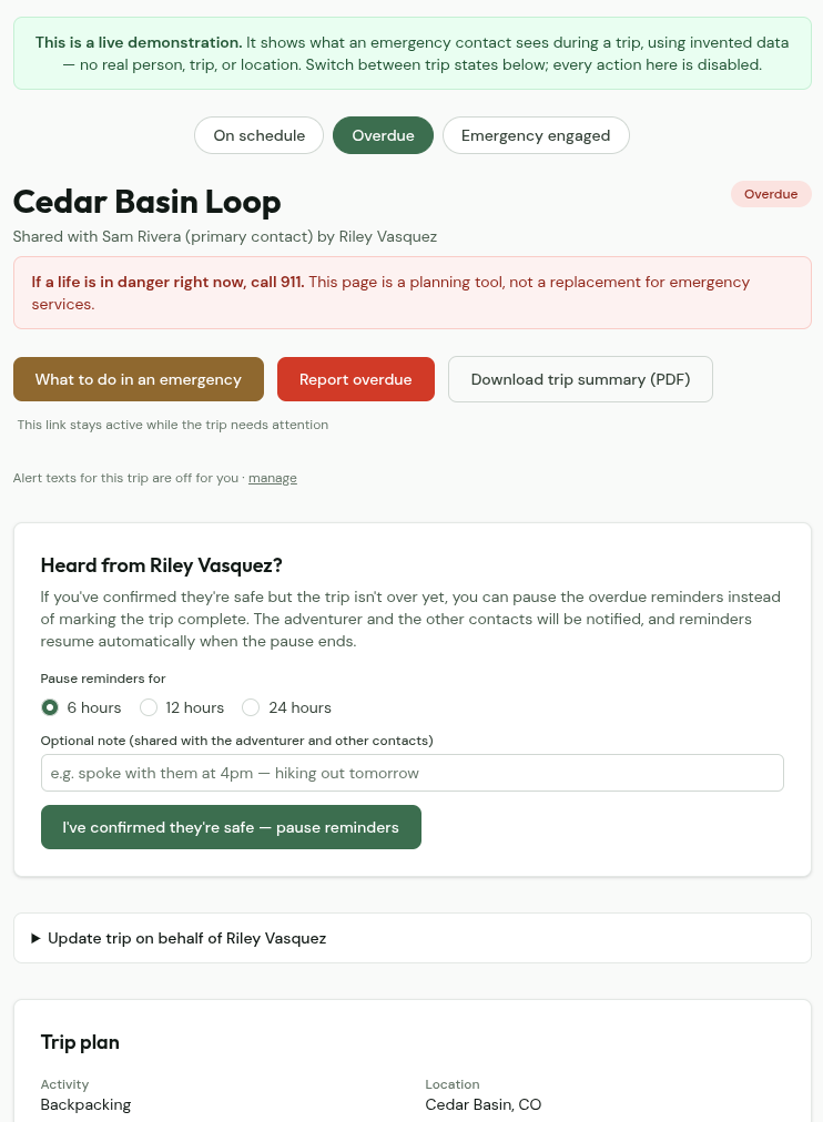A screenshot of the TrekFreely Demo page with the trip flipped to Overdue status.