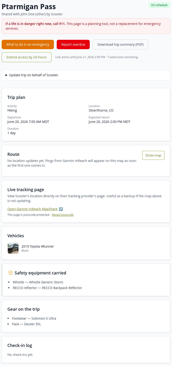 The shared trip dashboard as an emergency contact sees it on a phone.