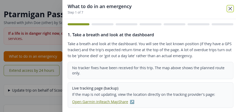 The emergency action plan walking a contact through what to do, with local sheriff contact details.