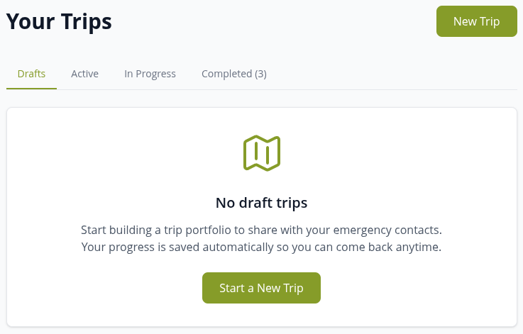 The TrekFreely trips list with the option to start a new trip.