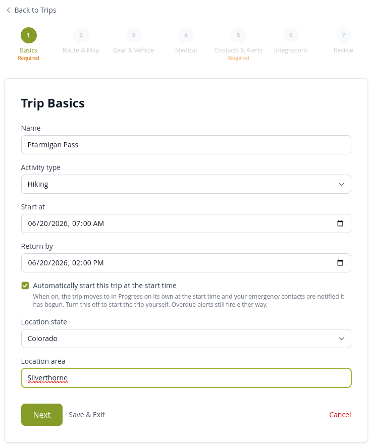 The TrekFreely basics screen for the trip portfolio.