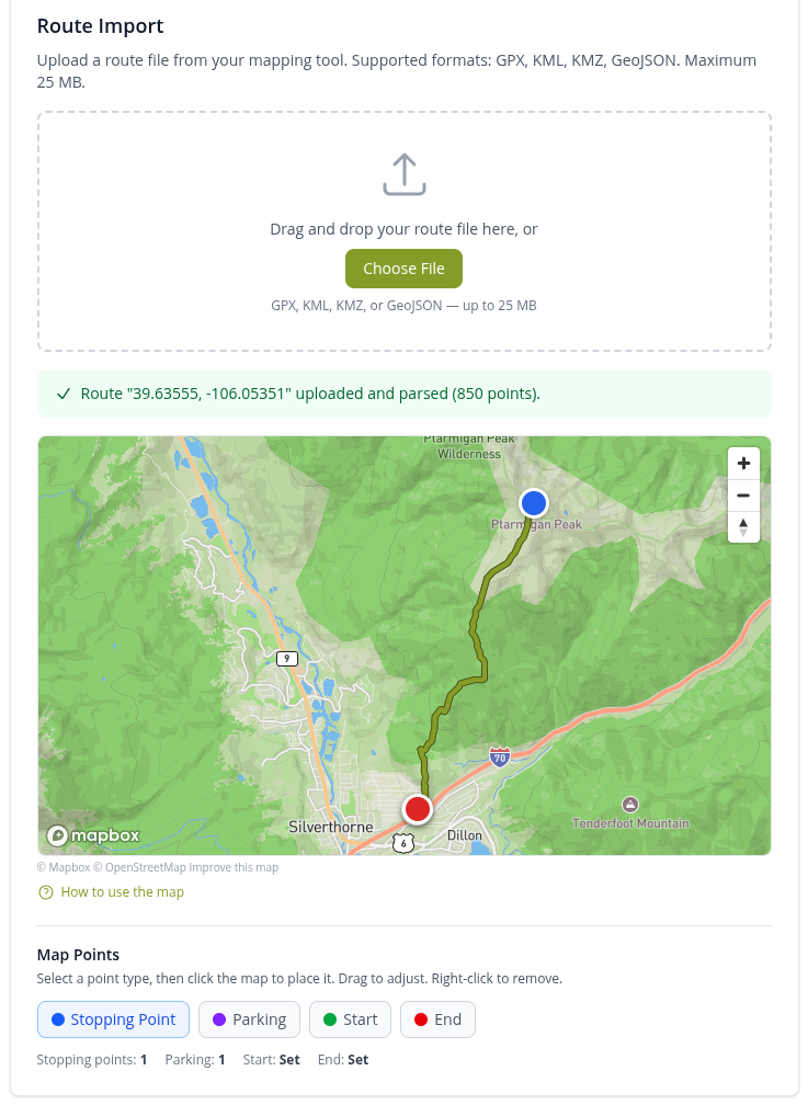 A planned route on the map with start, camp, and parking pins placed.