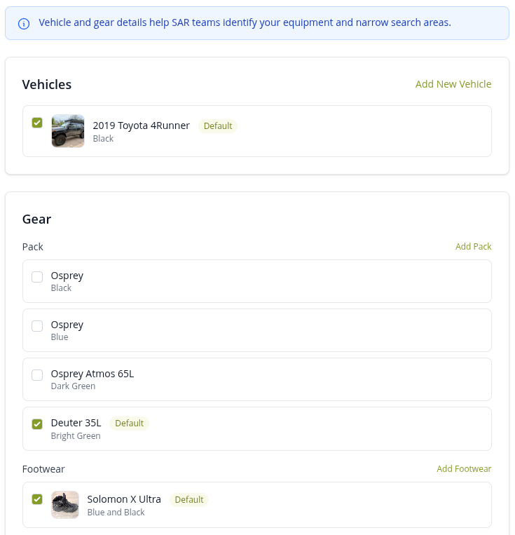 Adding a vehicle and gear items to the trip, each with a photo.