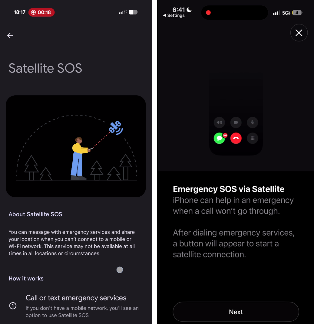 The satellite connection demo screen on both an iPhone and a Pixel.