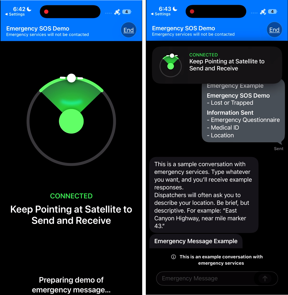 An iPhone satellite aiming feature and example text messages.