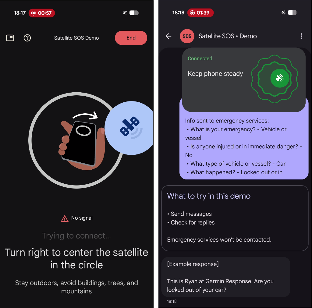 A Pixel satellite aiming feature and example text messages.