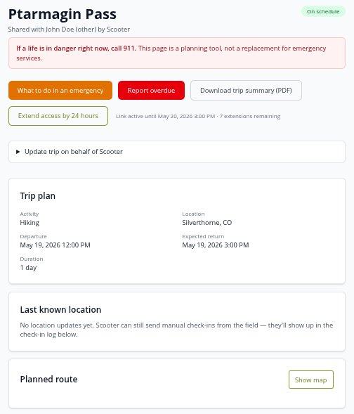 Screenshot of a shared trip dashboard showing trip status, emergency actions, trip plan details, last known location, and planned route