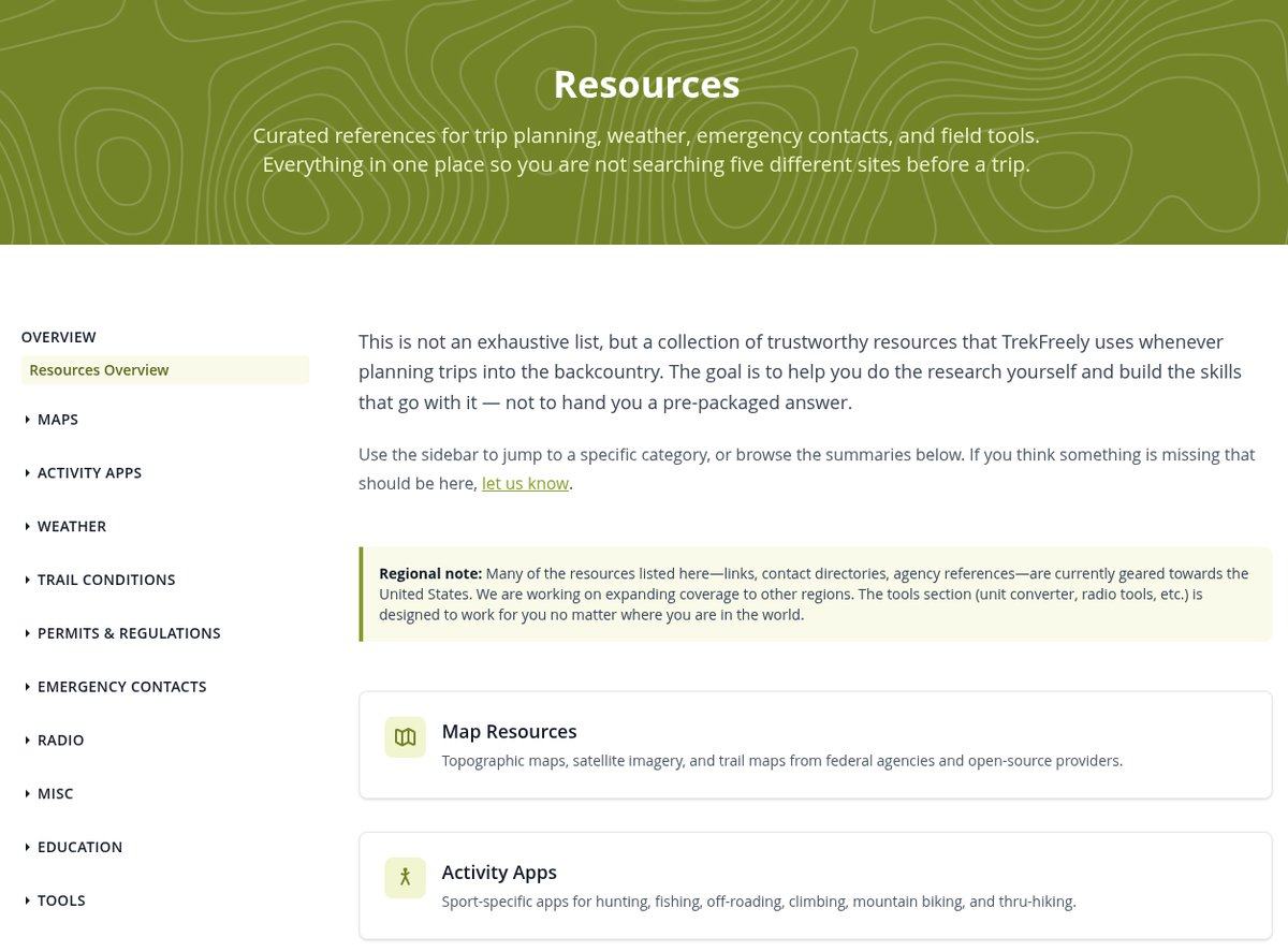 Screenshot of the TrekFreely Resources hub, showing category sections for maps, activity apps, weather, and more
