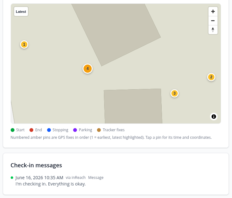 Screenshot of check-in messages on TrekFreely Trip Portfolio