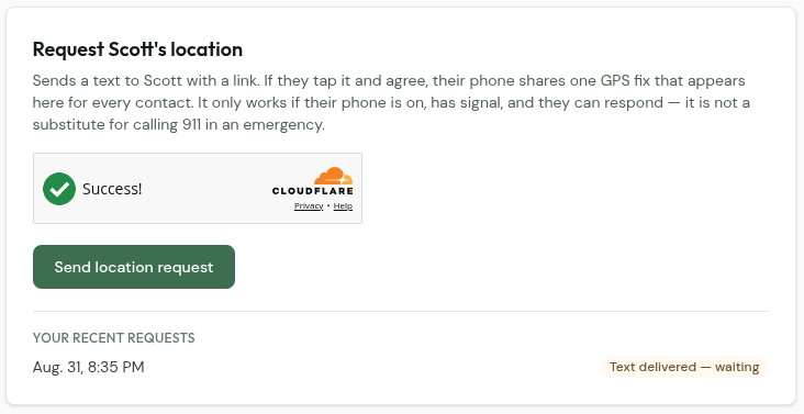 Image of the SMS Cell Locator feature on a TrekFreely trip showing a pending check-in via text.